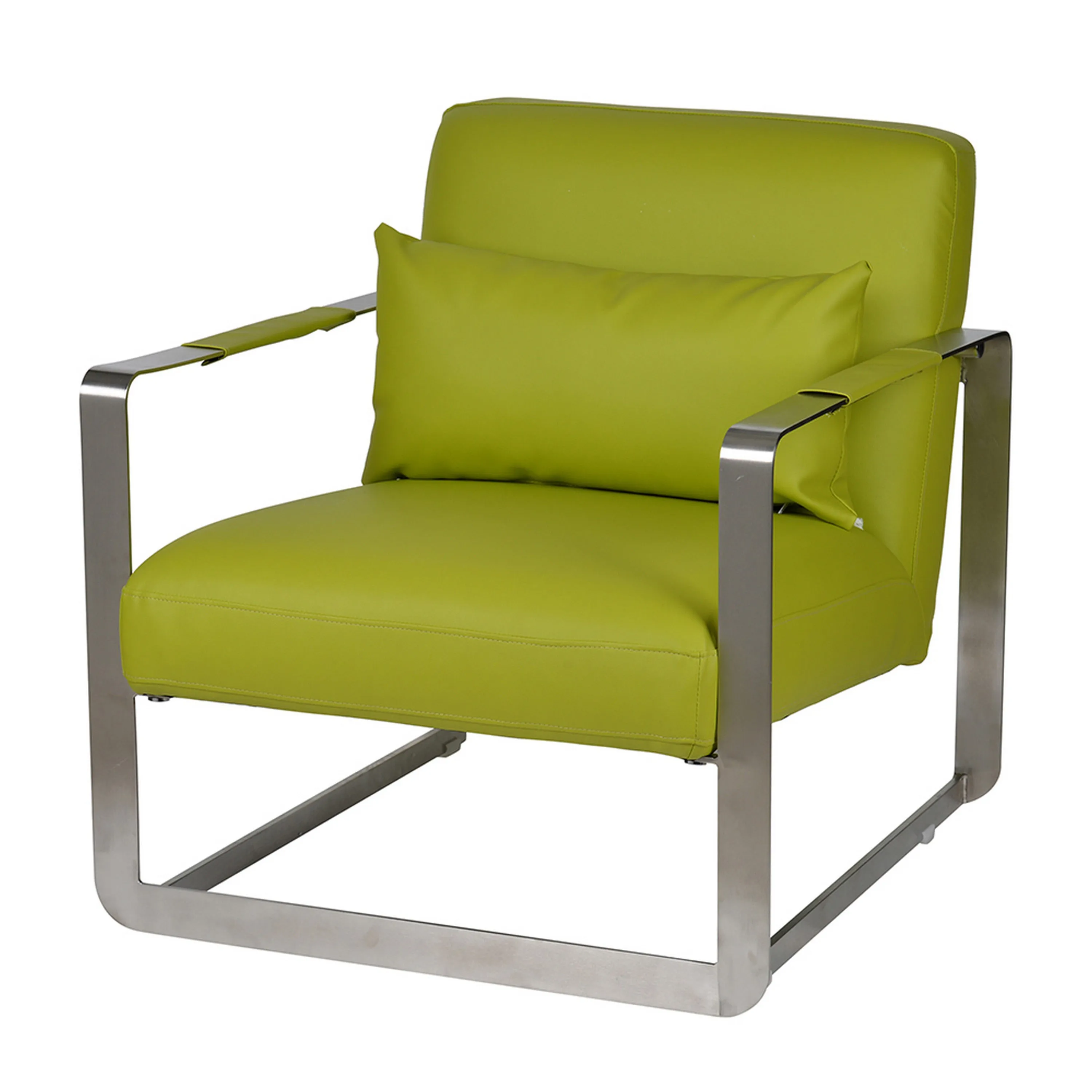 29 Inch Accent Lounge Chair, Cushion, Stainless Steel, Green Faux Leather By Casagear Home