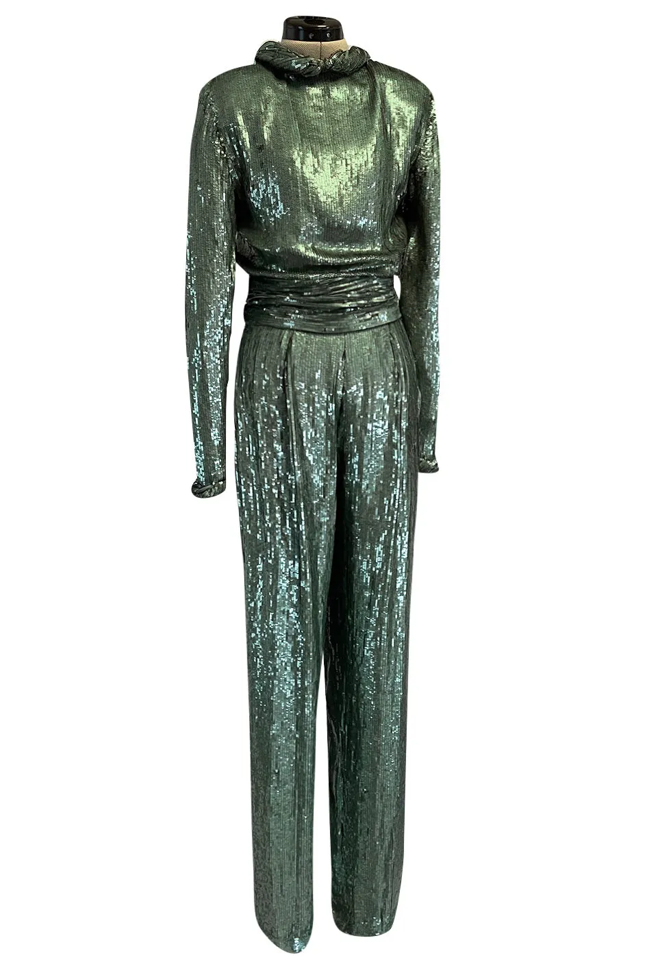 Amazing 1979 John Anthony Couture Sea Green Jumpsuit Completely Covered in Sequins