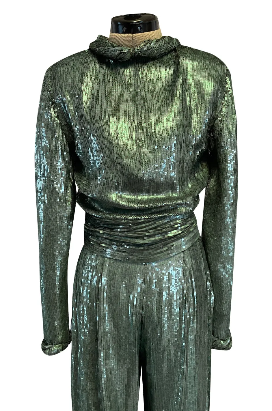 Amazing 1979 John Anthony Couture Sea Green Jumpsuit Completely Covered in Sequins
