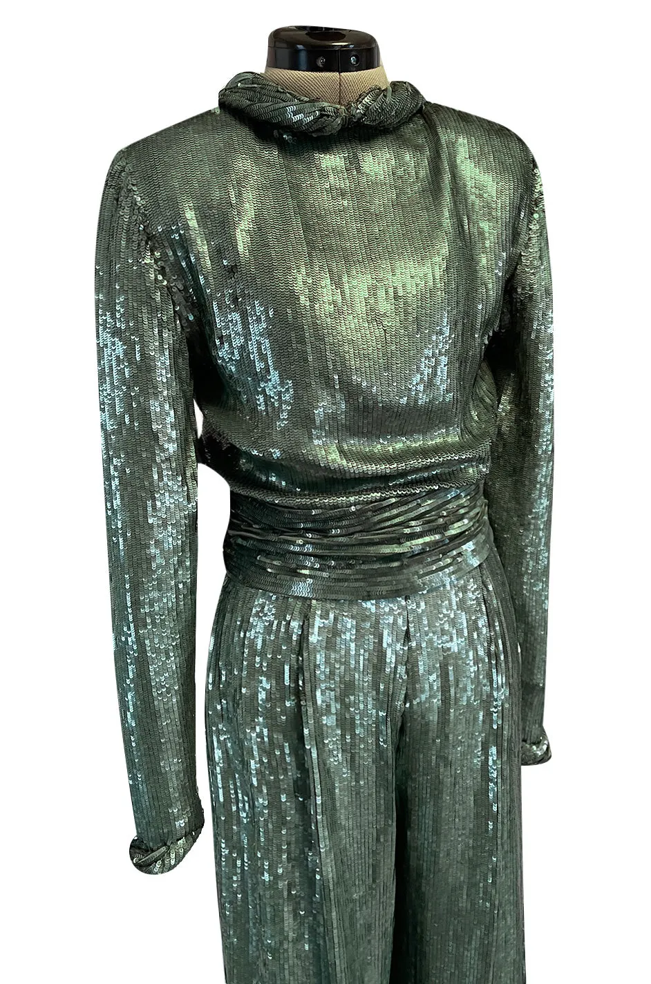 Amazing 1979 John Anthony Couture Sea Green Jumpsuit Completely Covered in Sequins