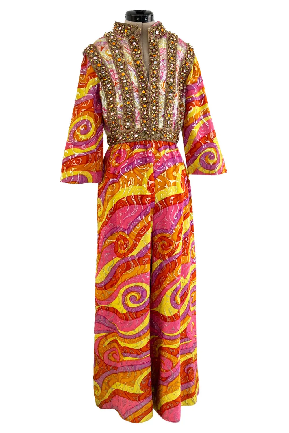 Amazing c.1967 Oscar de la Renta Gold Metallic Brocade Jumpsuit w Extensive Detailing