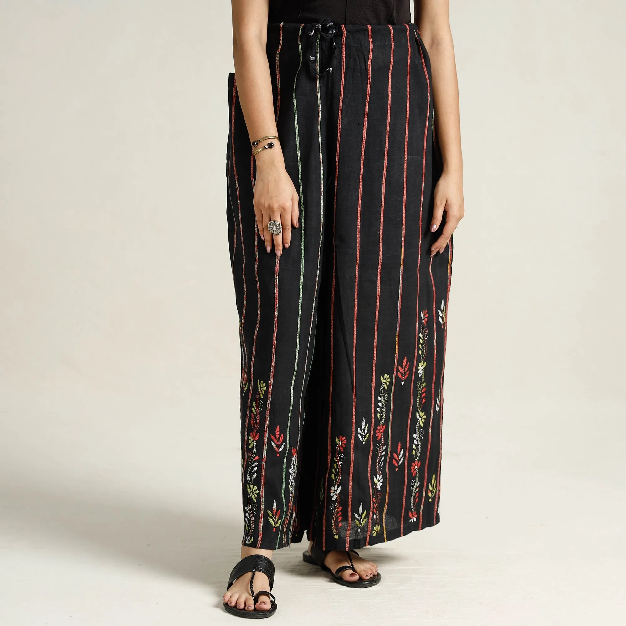 Black - Bengal Khesh Weaving Kantha Embroidery Cotton Palazzo 25