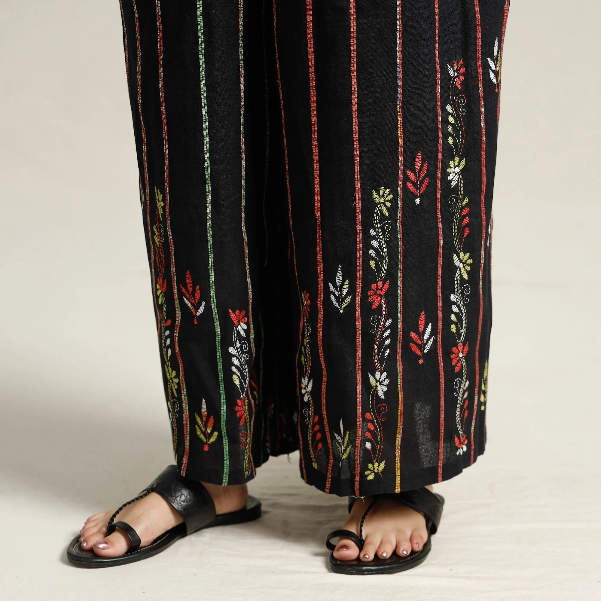 Black - Bengal Khesh Weaving Kantha Embroidery Cotton Palazzo 25