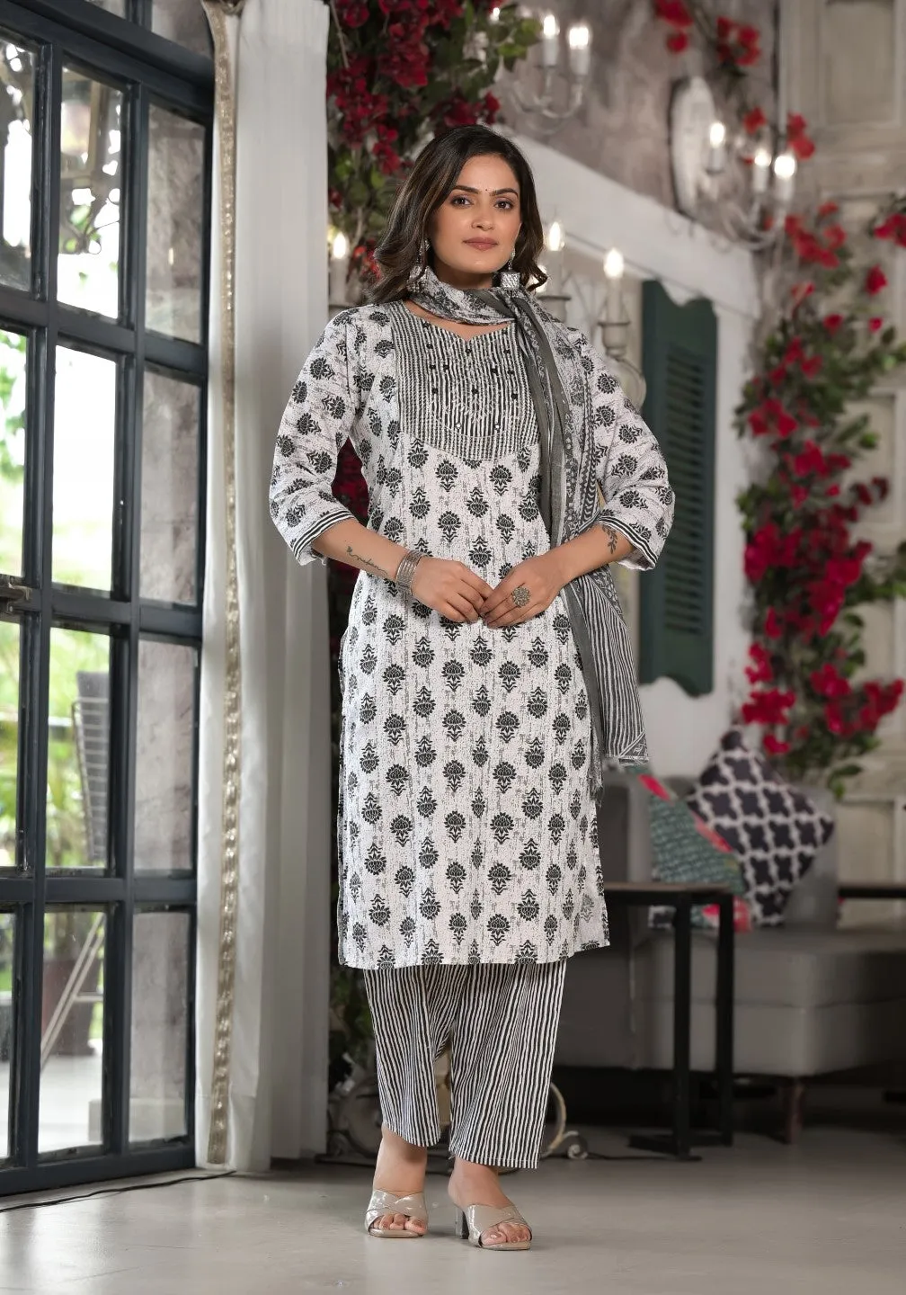 Black Ethnic Motif Printed Cotton Kurta, Pant And Dupatta Set With Mirror & Thread Work