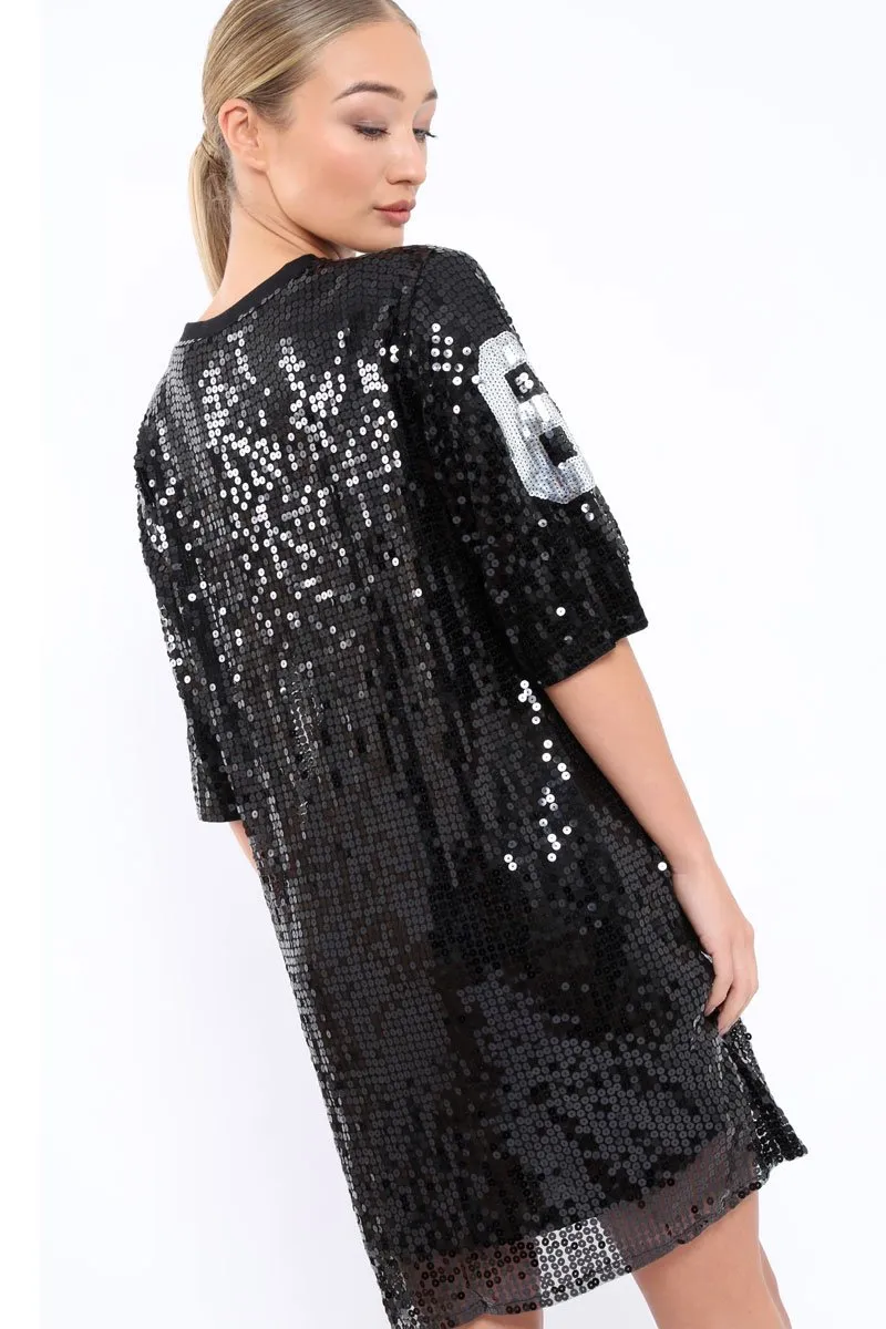 Black Sequin Miss Perfect 61 Tshirt Dress - Ysabelle