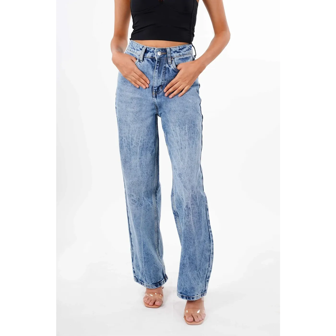 Blue Acid Wash Wide Leg Jeans