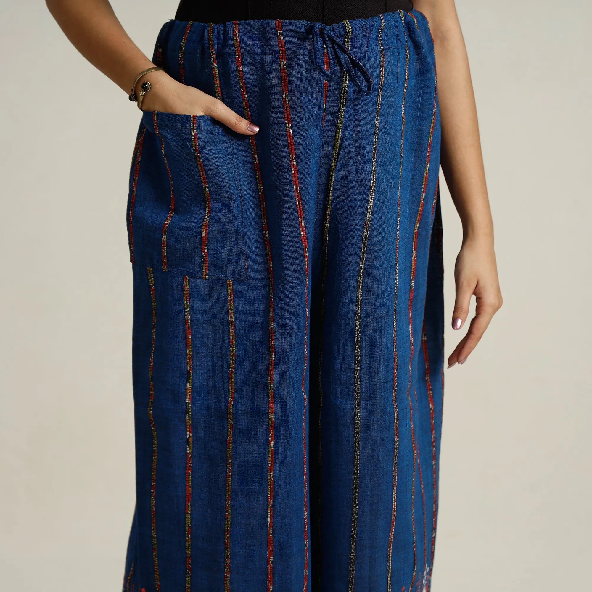 Blue - Bengal Khesh Weaving Kantha Embroidery Cotton Palazzo 70