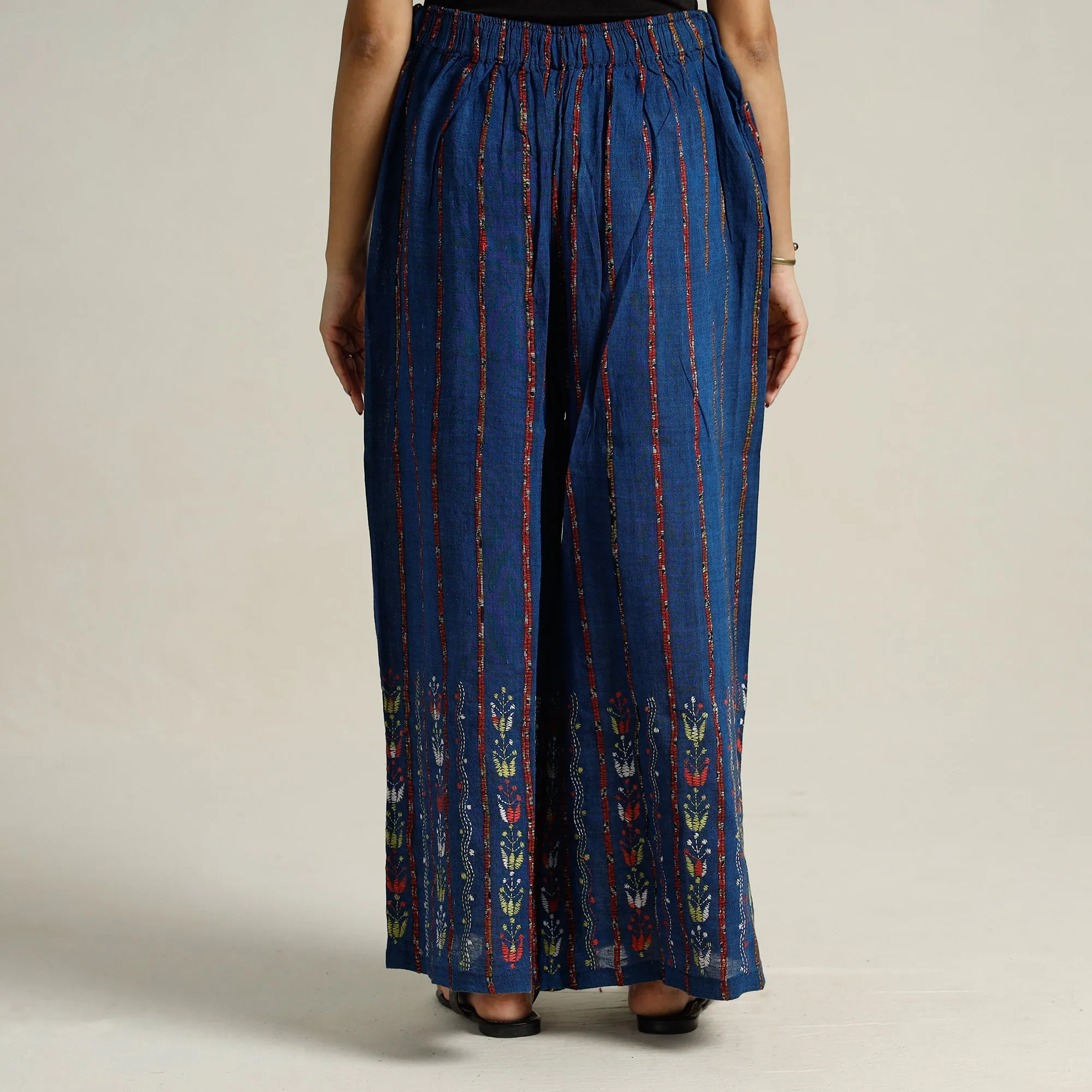 Blue - Bengal Khesh Weaving Kantha Embroidery Cotton Palazzo 70