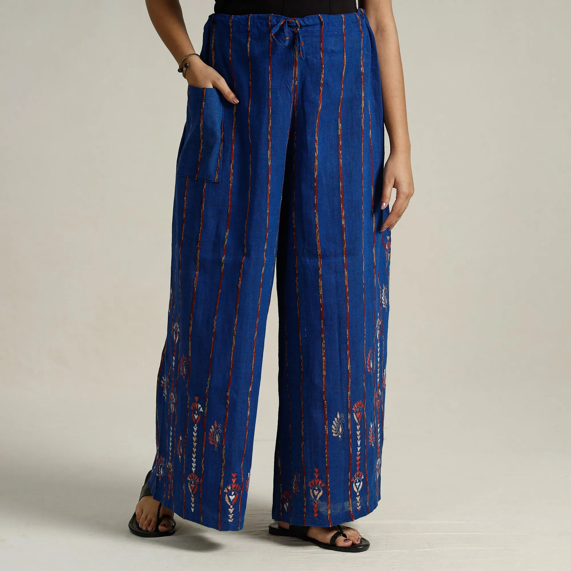 Blue - Bengal Khesh Weaving Kantha Embroidery Cotton Palazzo 73