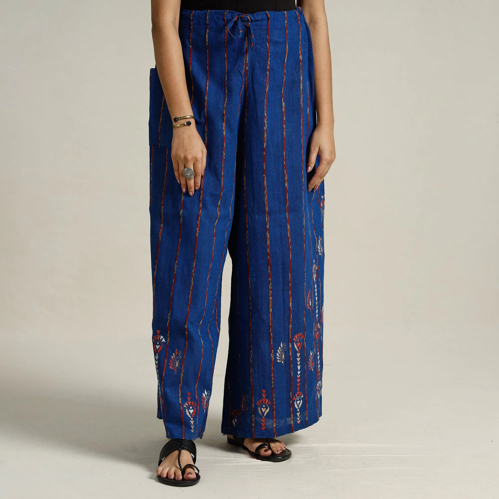 Blue - Bengal Khesh Weaving Kantha Embroidery Cotton Palazzo 73