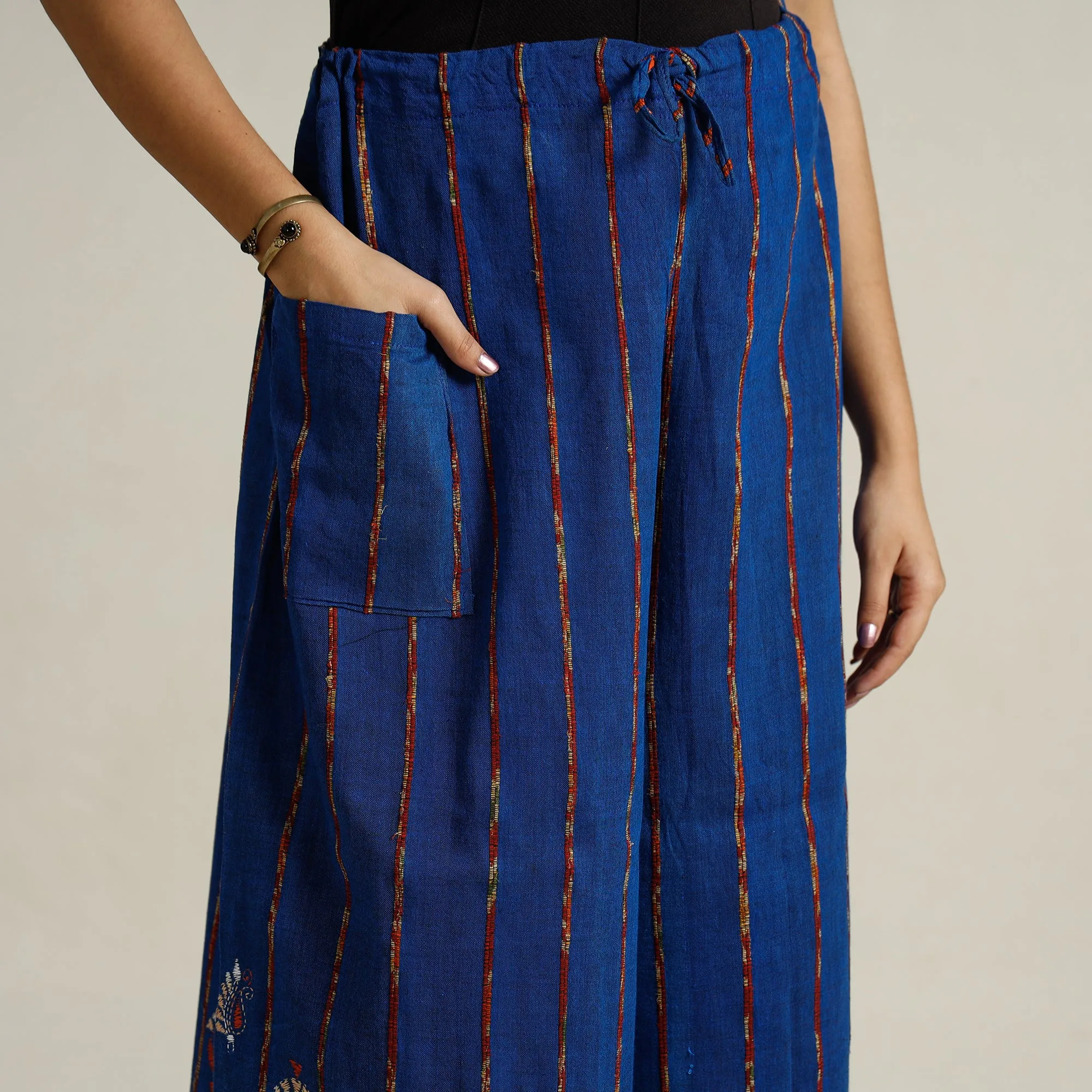 Blue - Bengal Khesh Weaving Kantha Embroidery Cotton Palazzo 73