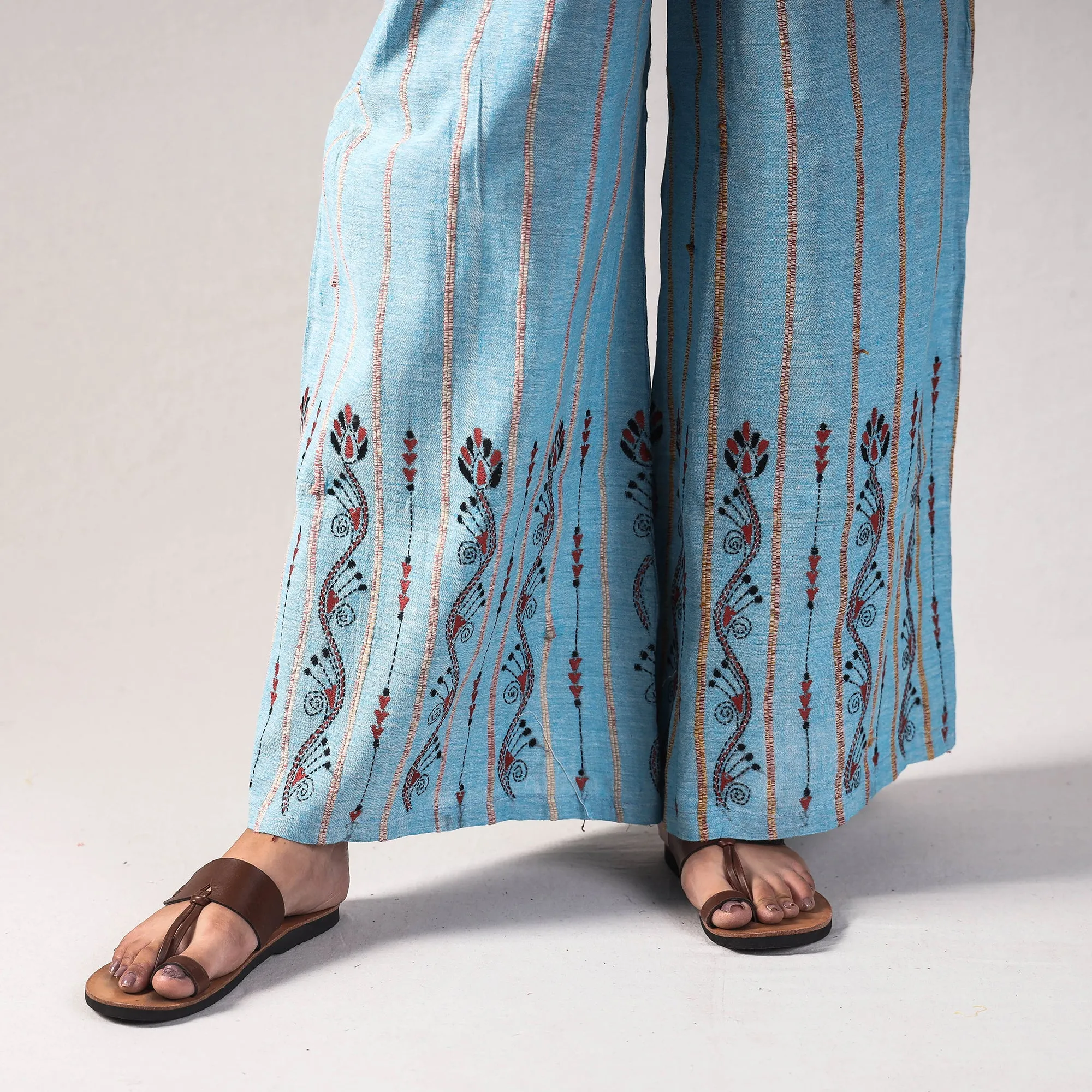 Blue - Bengal Khesh Weaving Kantha Embroidery Cotton Palazzo