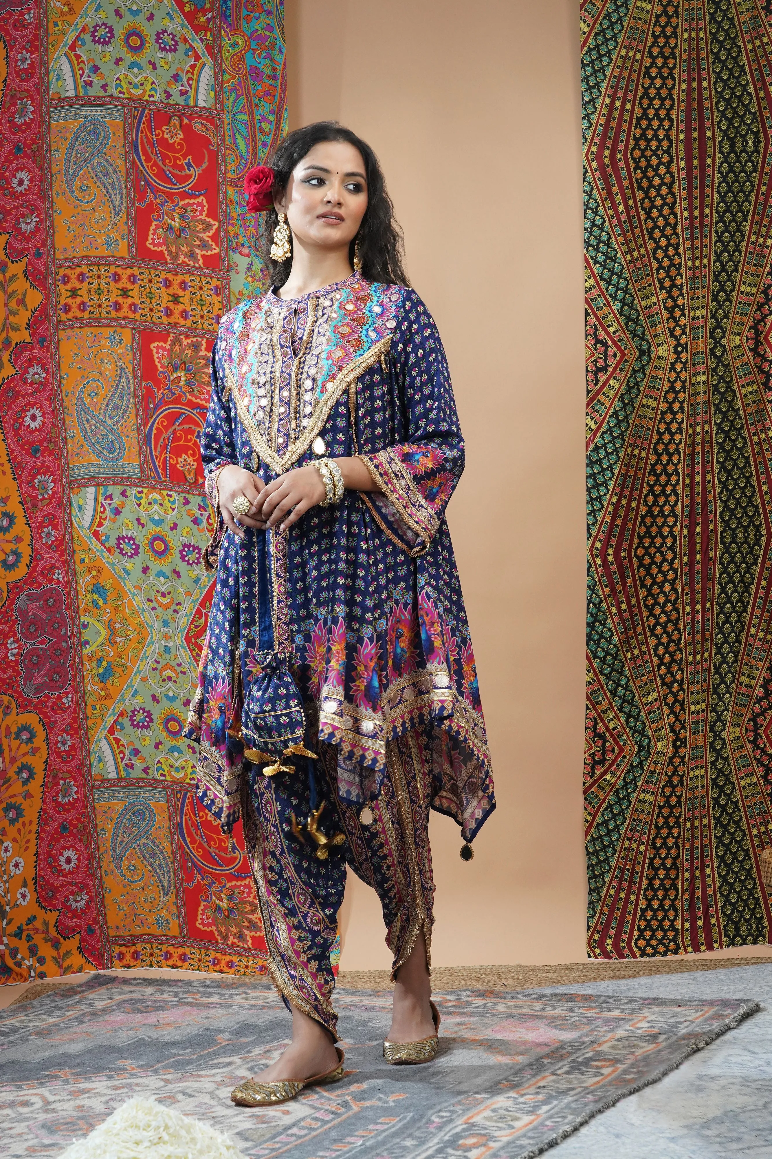 Stylish Blue Crepe Silk Dhoti Set with Ethnic Print
