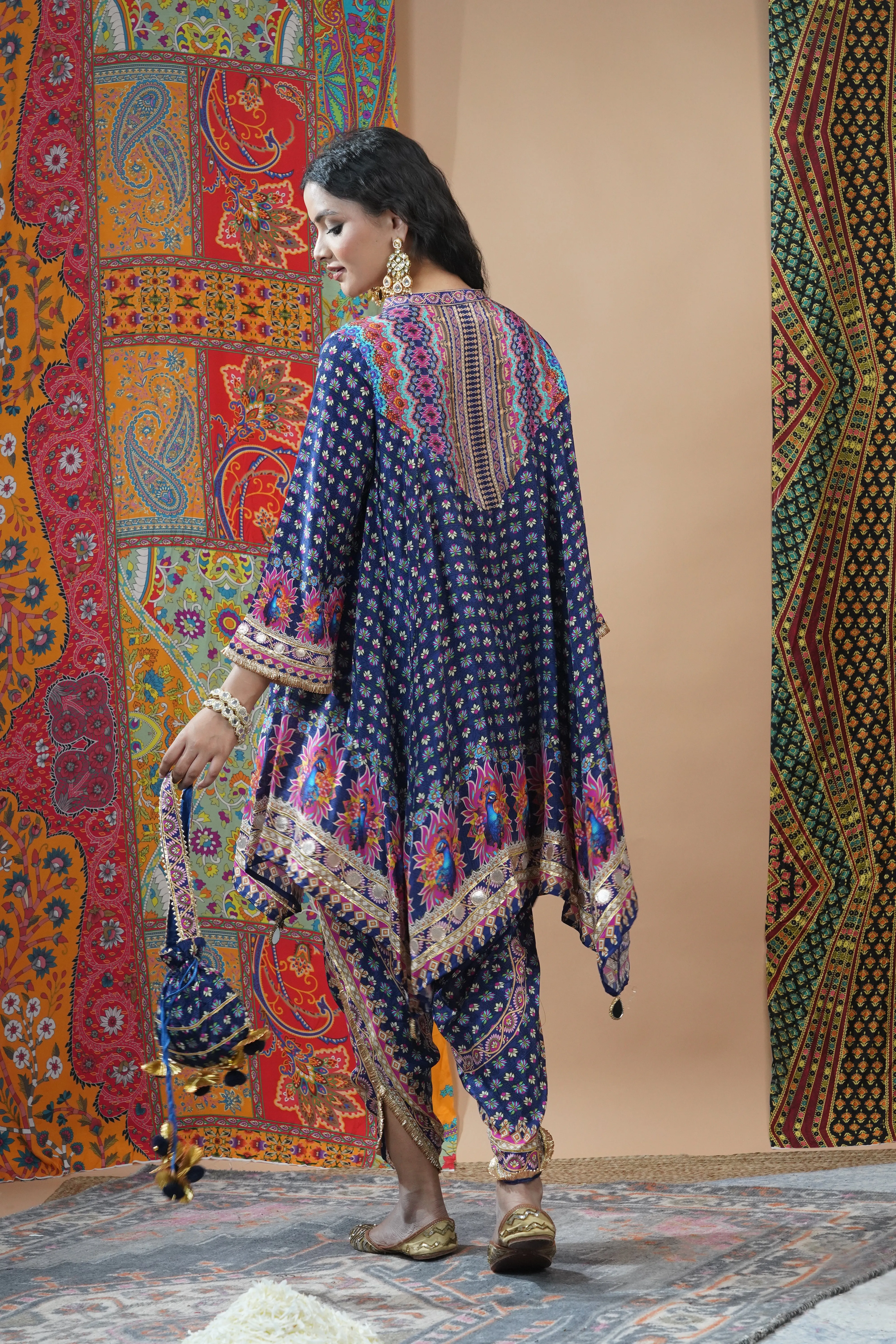 Stylish Blue Crepe Silk Dhoti Set with Ethnic Print