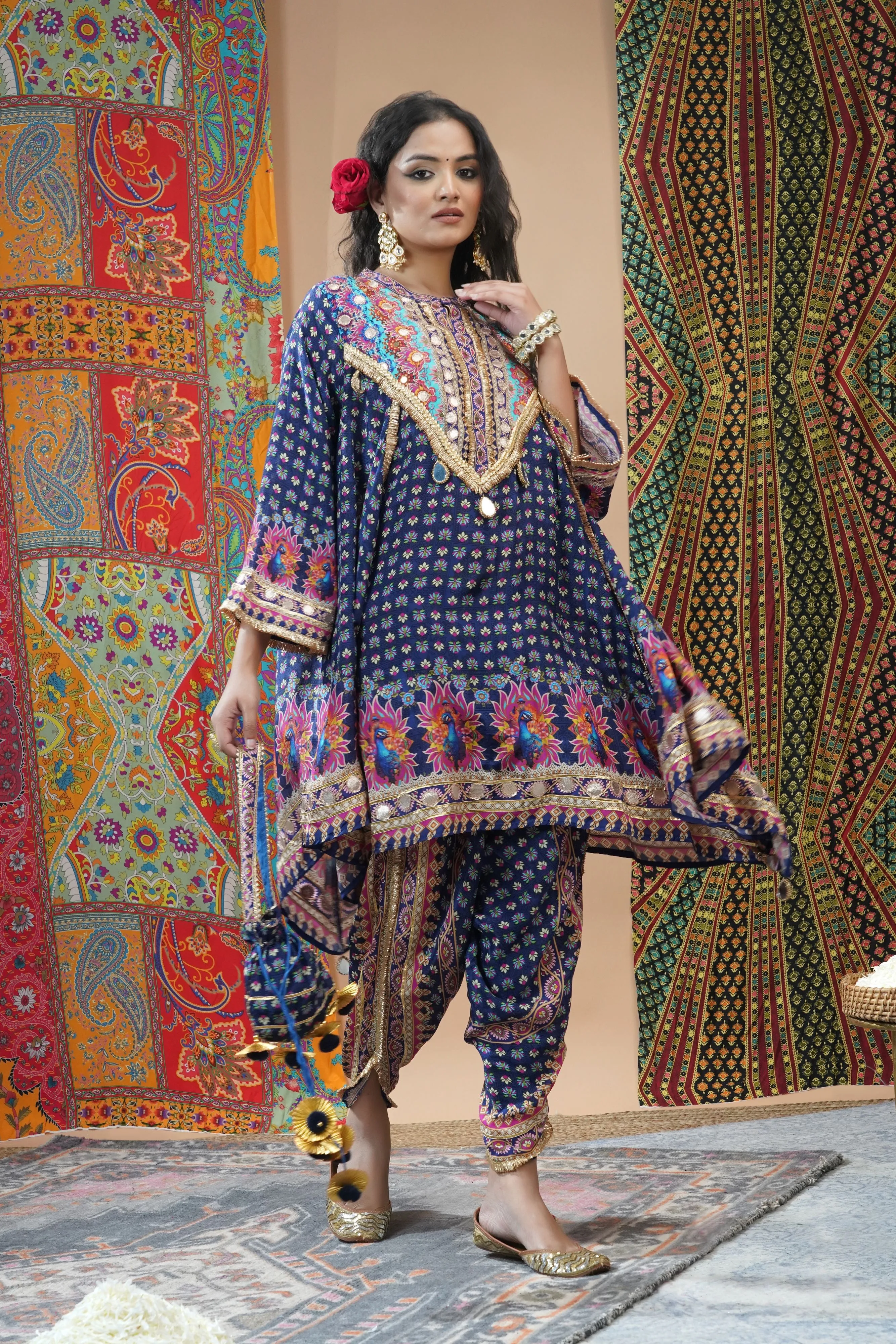 Stylish Blue Crepe Silk Dhoti Set with Ethnic Print