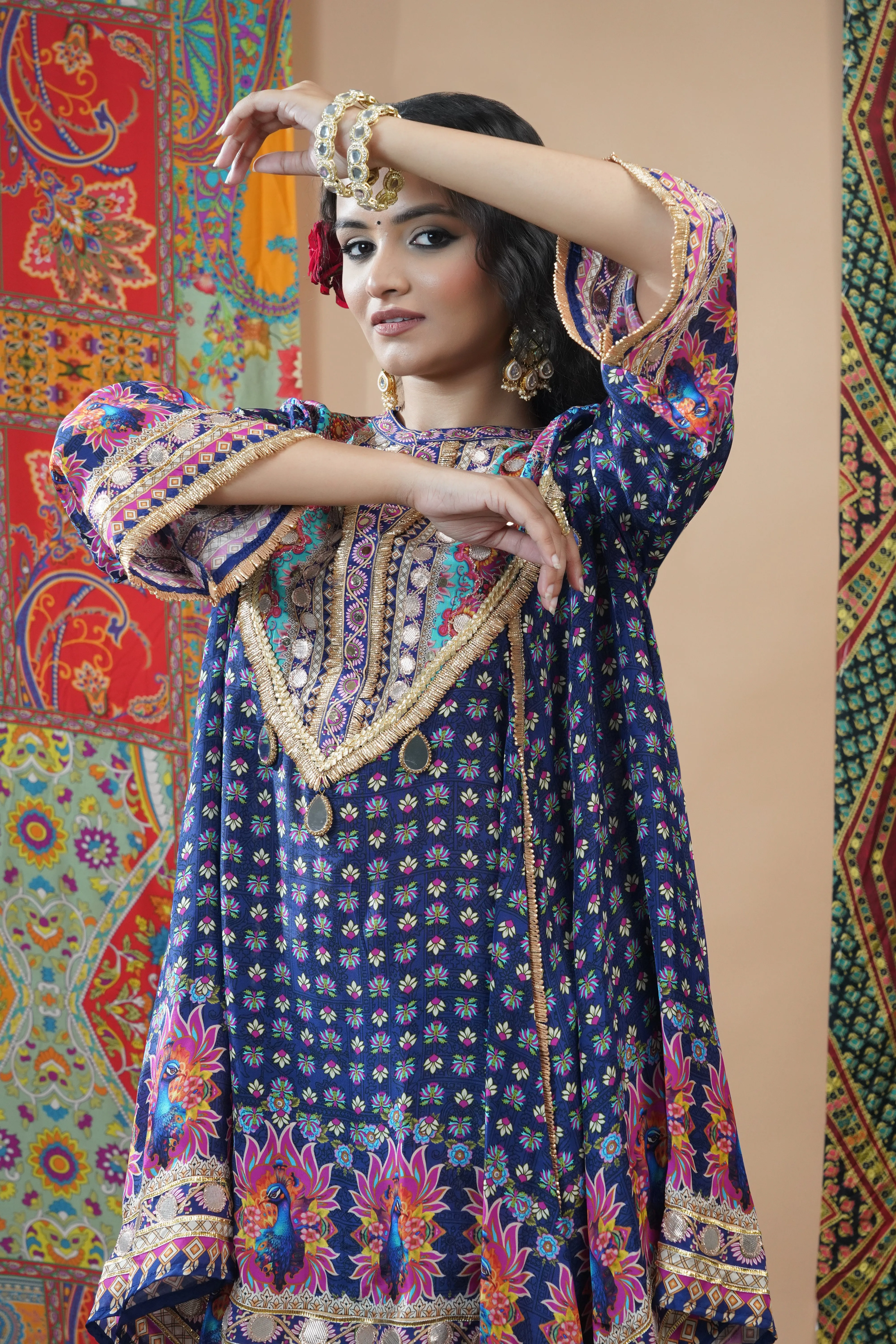 Stylish Blue Crepe Silk Dhoti Set with Ethnic Print
