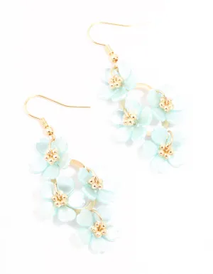 Blue Pearlised Flower Vine Gold Drop Earrings