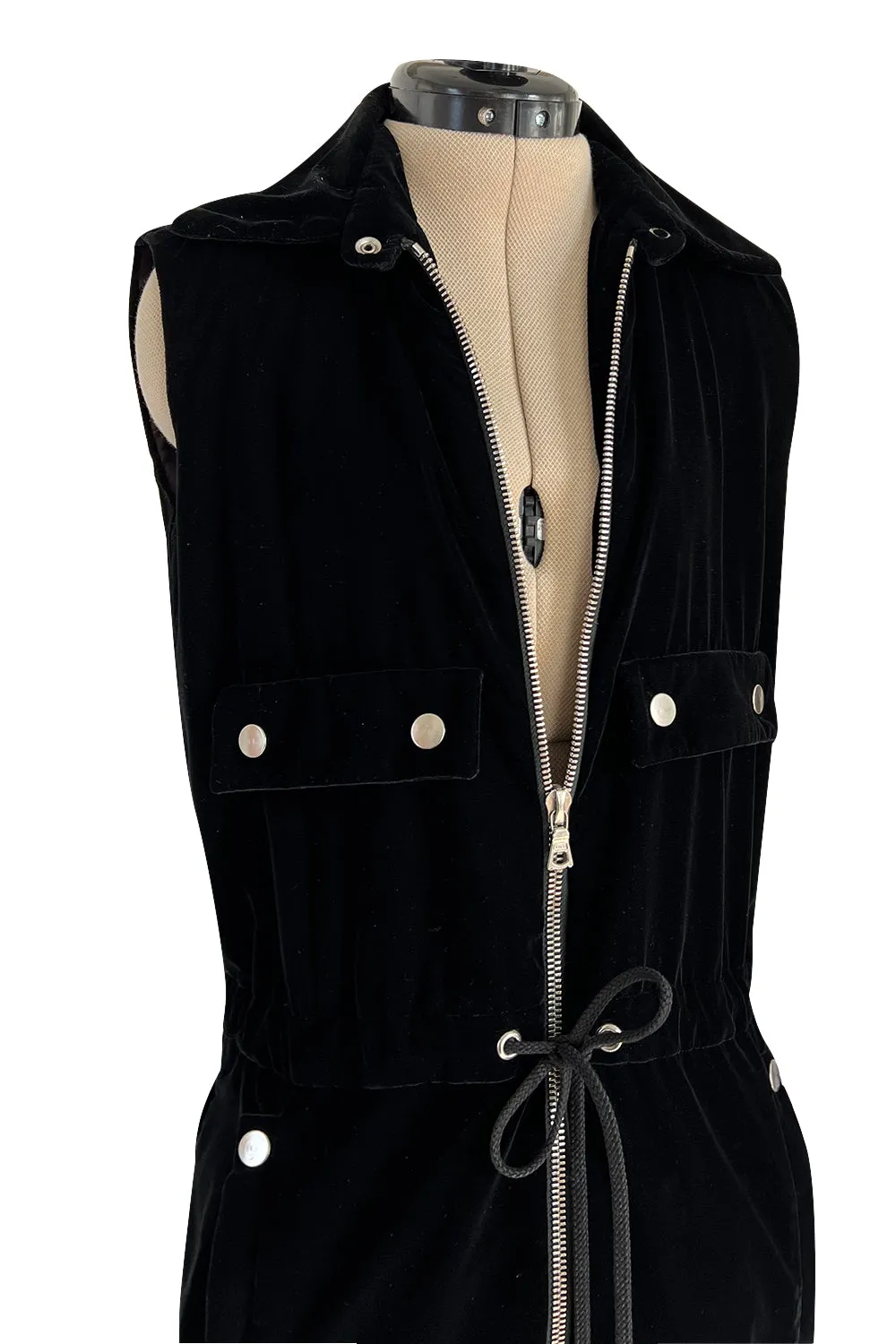 Brilliant 1971 Andre Courreges Black Velvet Jumpsuit w Silver Studs & Zip Front