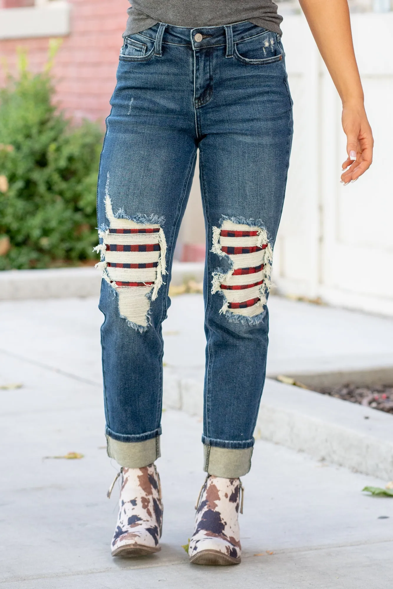 Buffalo Plaid Patch Mid Rise Cuffed Boyfriend