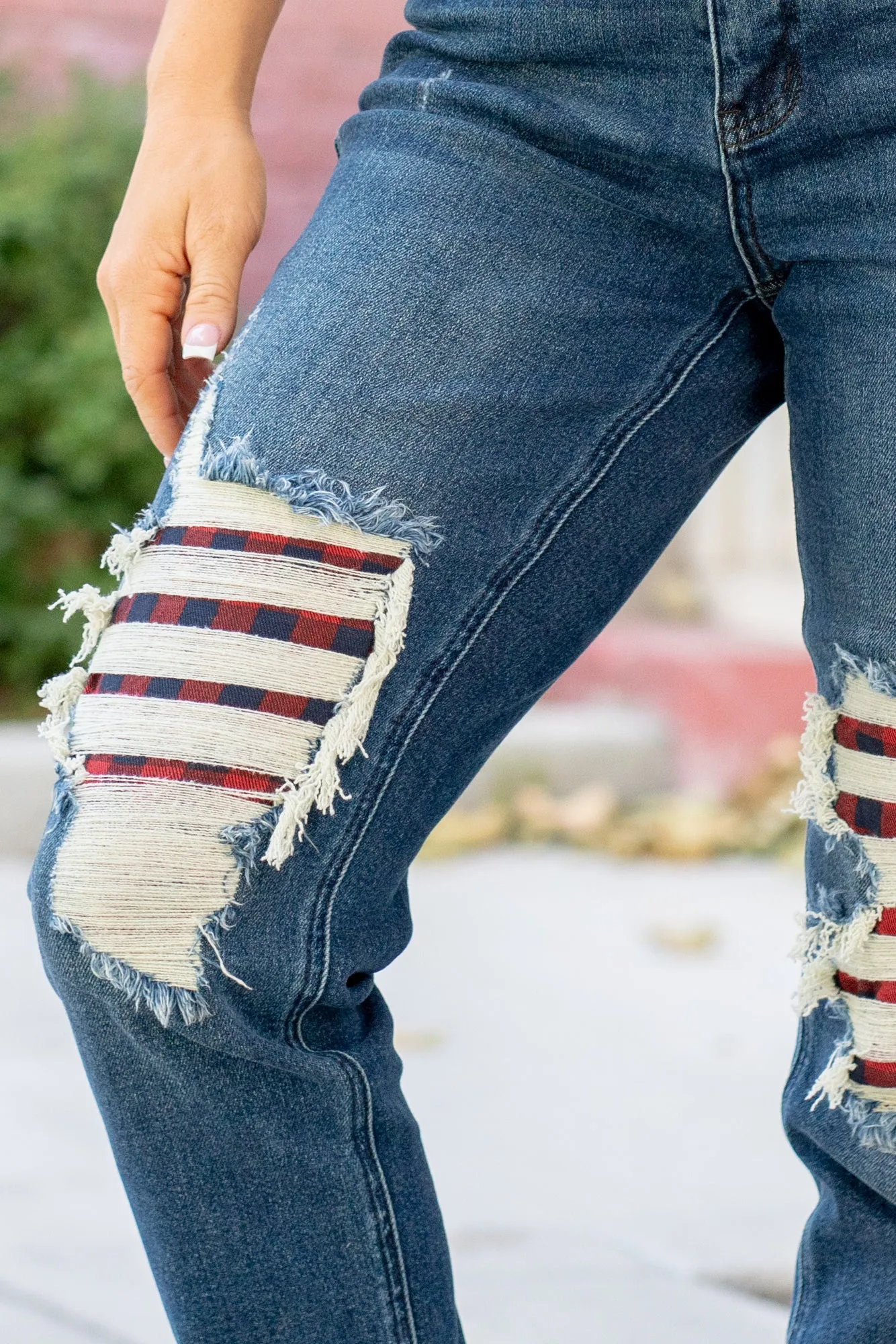Buffalo Plaid Patch Mid Rise Cuffed Boyfriend