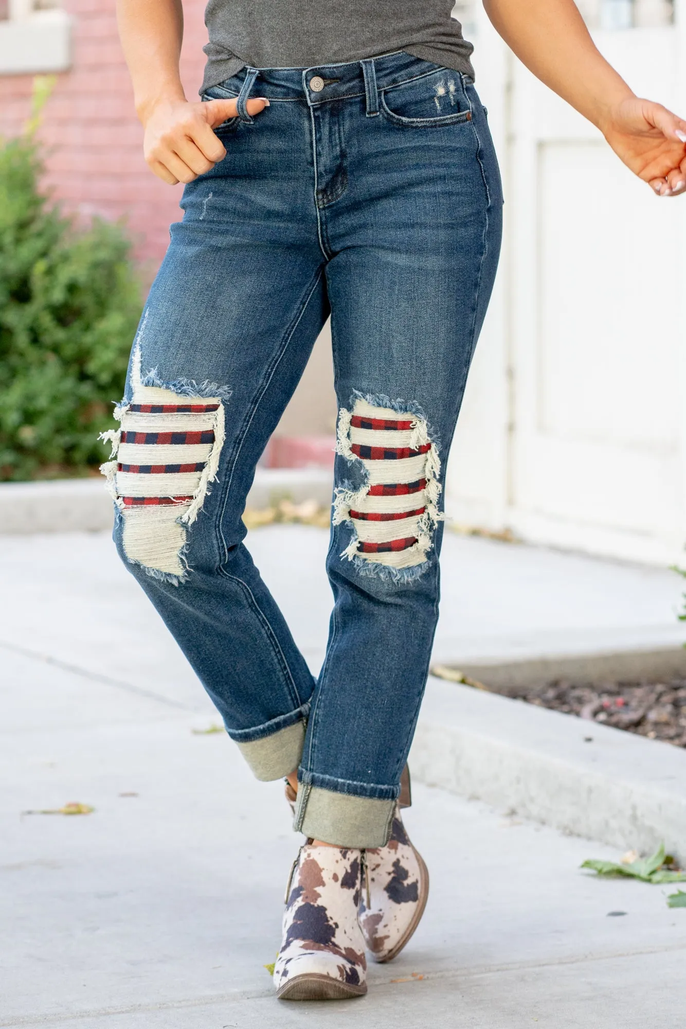 Buffalo Plaid Patch Mid Rise Cuffed Boyfriend