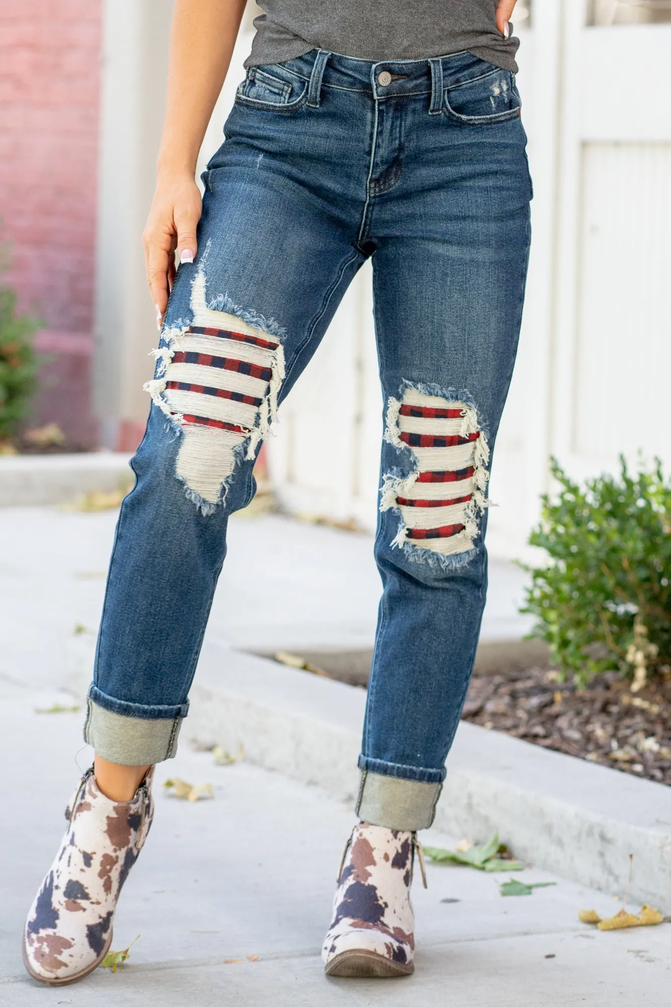 Buffalo Plaid Patch Mid Rise Cuffed Boyfriend