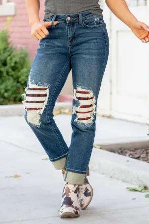Buffalo Plaid Patch Mid Rise Cuffed Boyfriend
