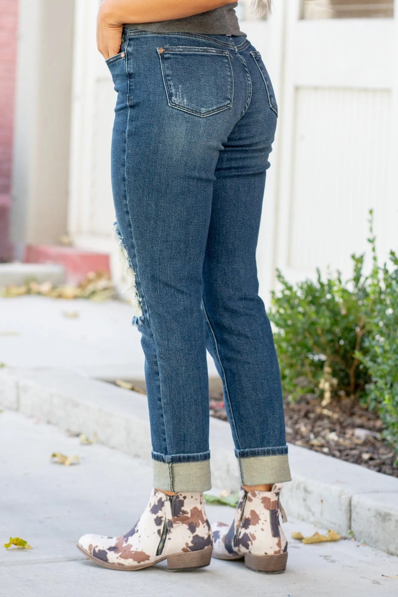 Buffalo Plaid Patch Mid Rise Cuffed Boyfriend