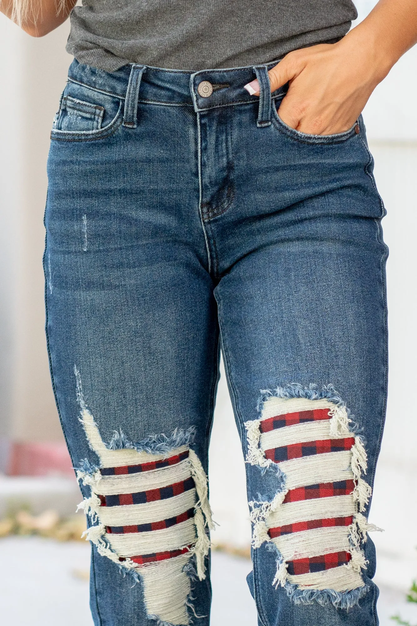 Buffalo Plaid Patch Mid Rise Cuffed Boyfriend