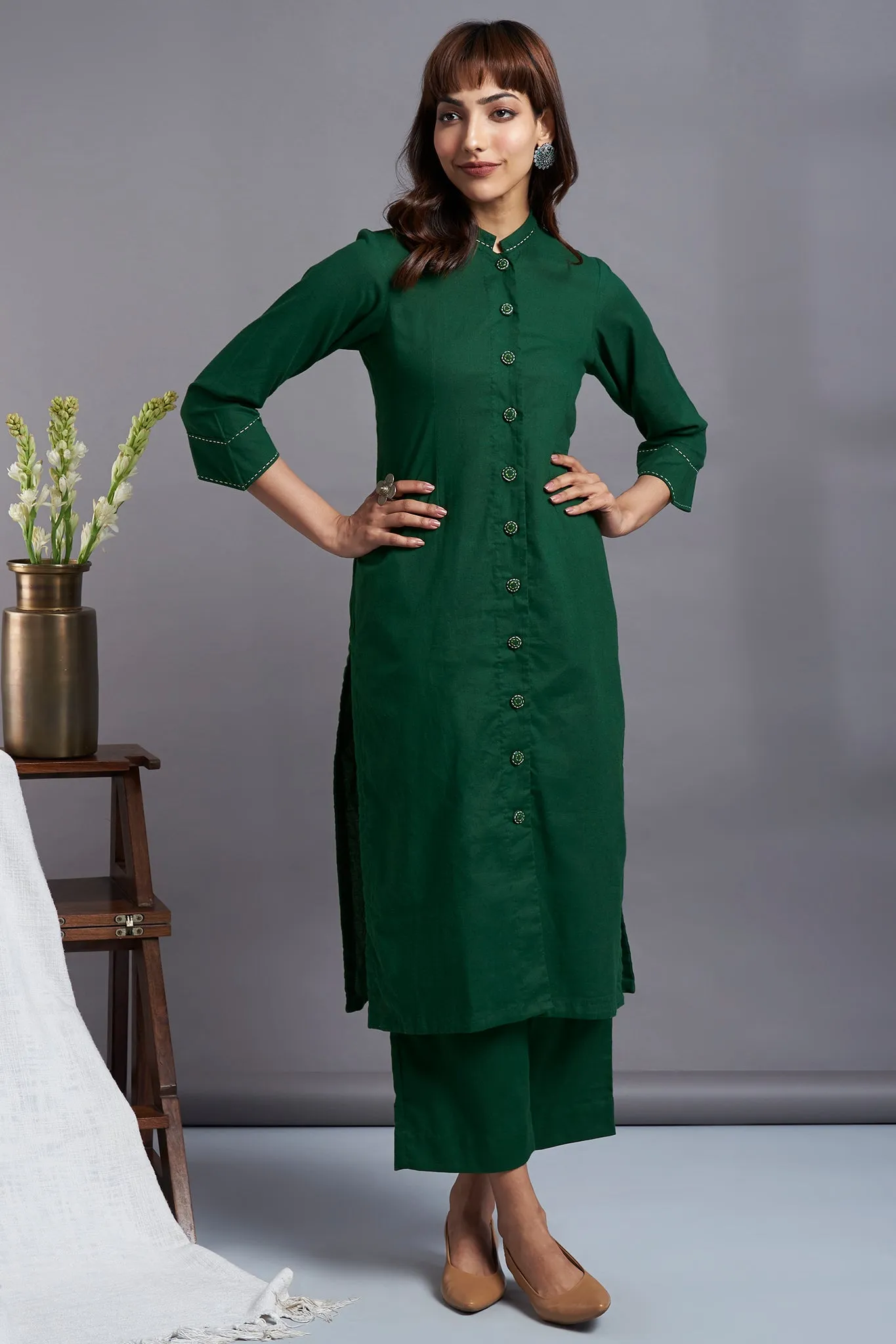button down round collar kurta - enchanted forest & serene oasis