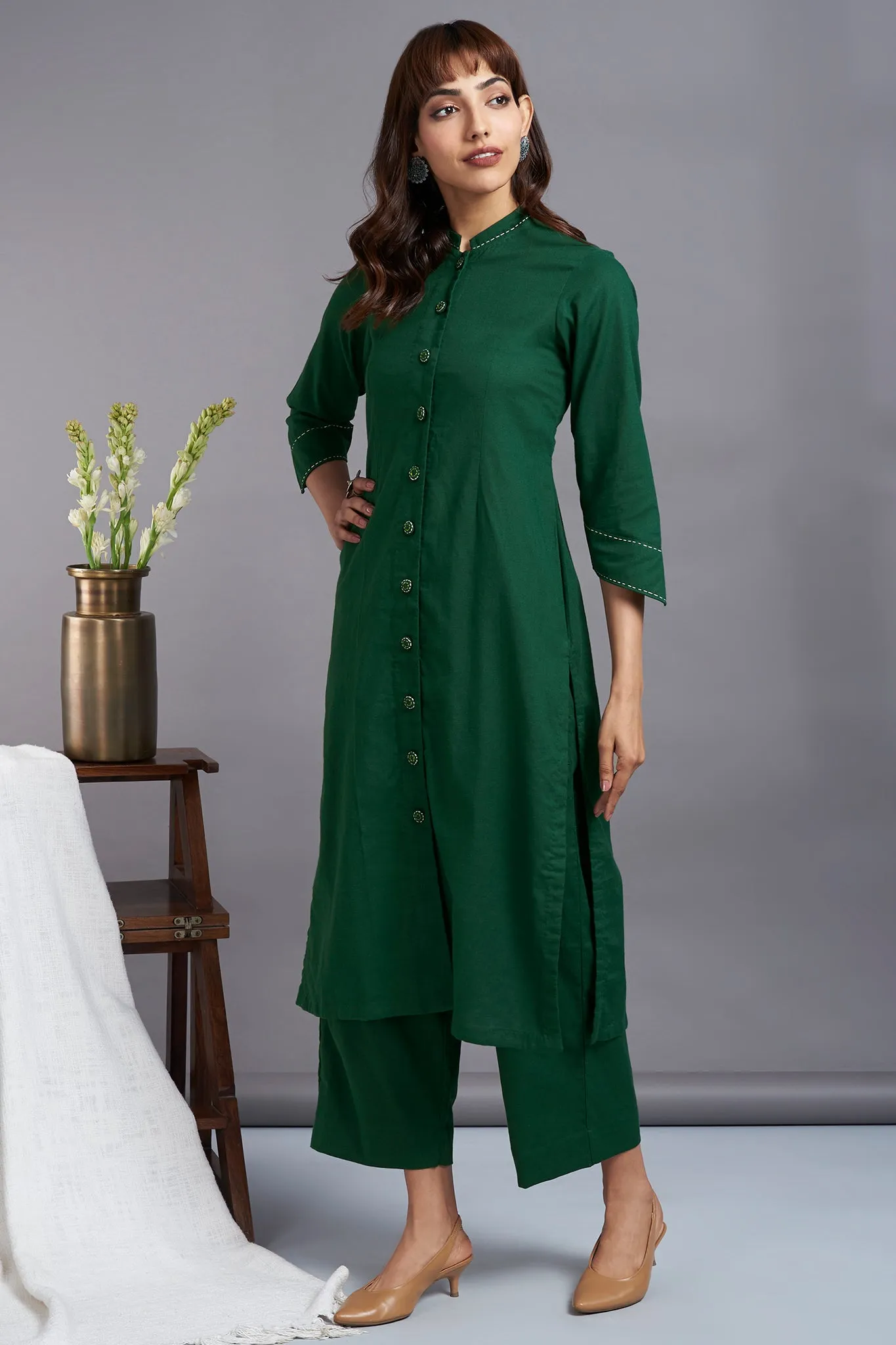 button down round collar kurta - enchanted forest & serene oasis