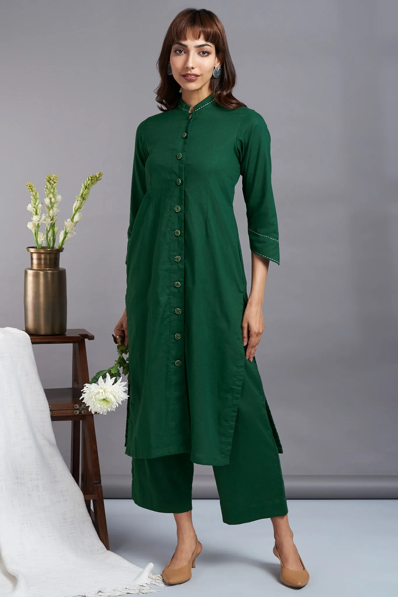 button down round collar kurta - enchanted forest & serene oasis