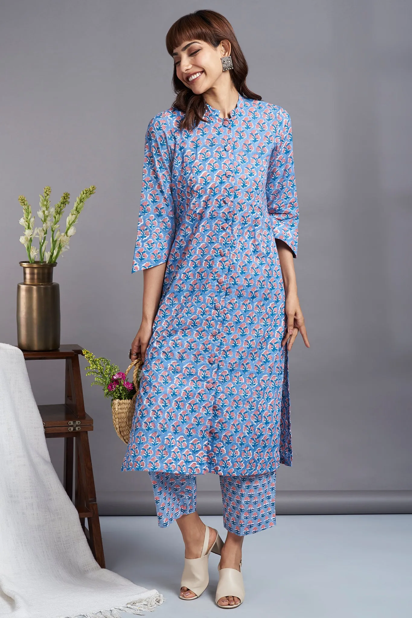 button down round collar kurta - kashish skies & eloquent roses