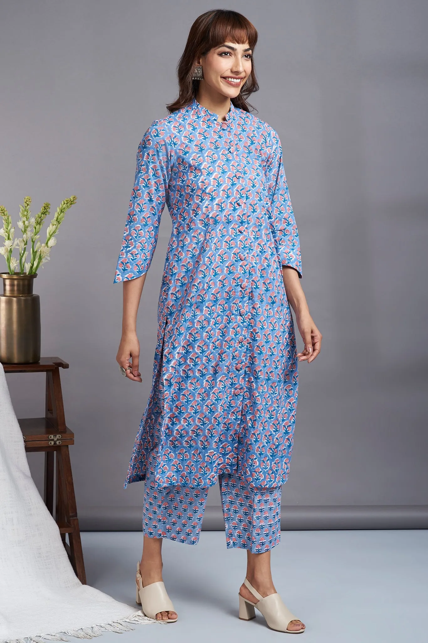 button down round collar kurta - kashish skies & eloquent roses