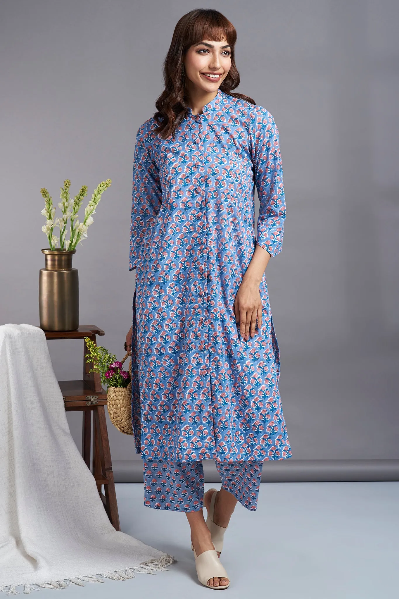 button down round collar kurta - kashish skies & eloquent roses