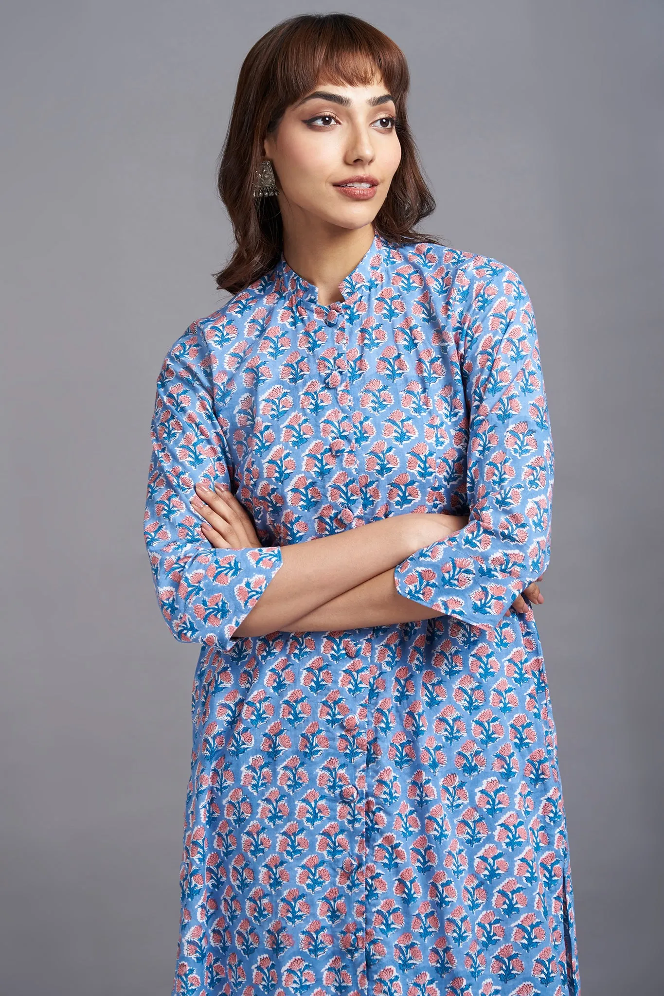 button down round collar kurta - kashish skies & eloquent roses