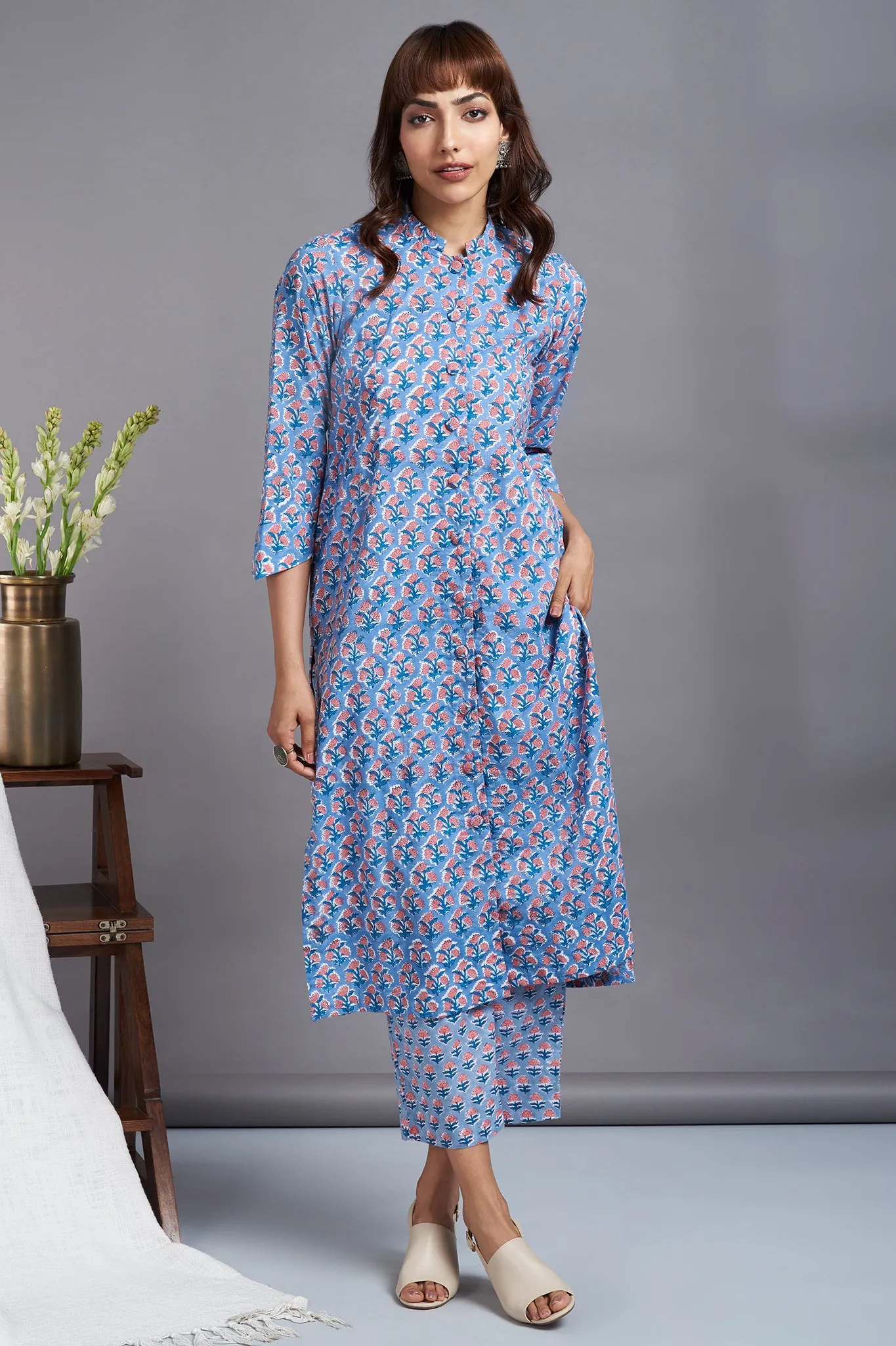 button down round collar kurta - kashish skies & eloquent roses