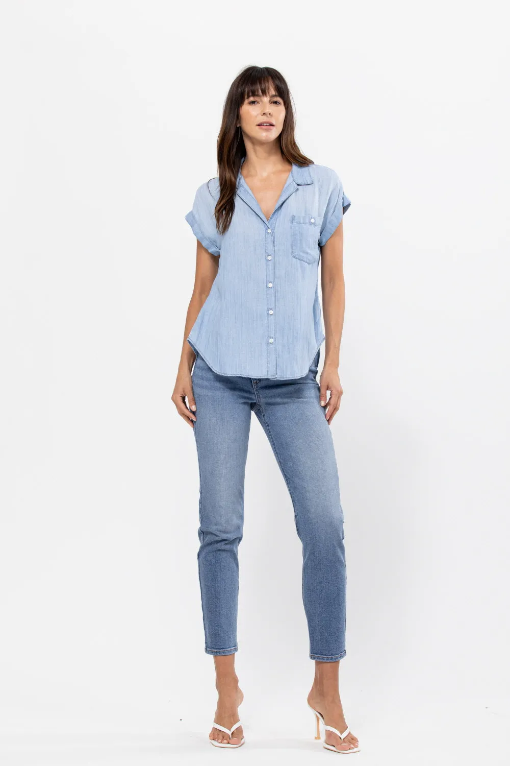 CUFFED SLEEVE TENCEL BUTTON UP SHIRT WITH ROUND HIGH LOW HEM / SP-J3428LT