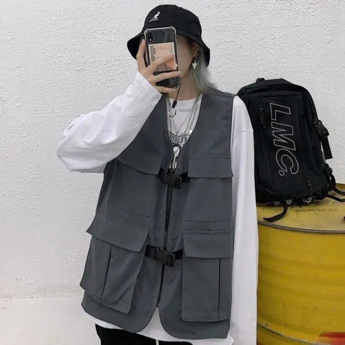 Dark Gray Grunge Style Tooling Oversized Black Vest