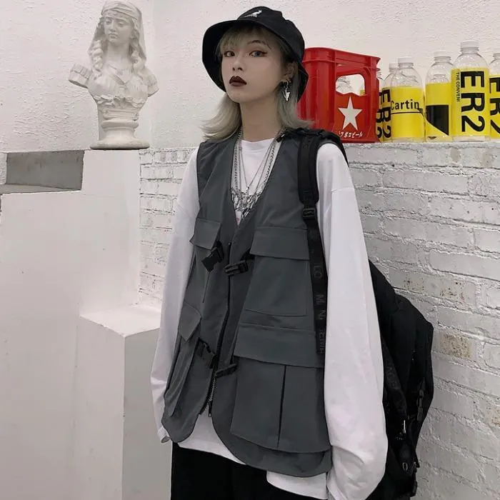 Dark Gray Grunge Style Tooling Oversized Black Vest