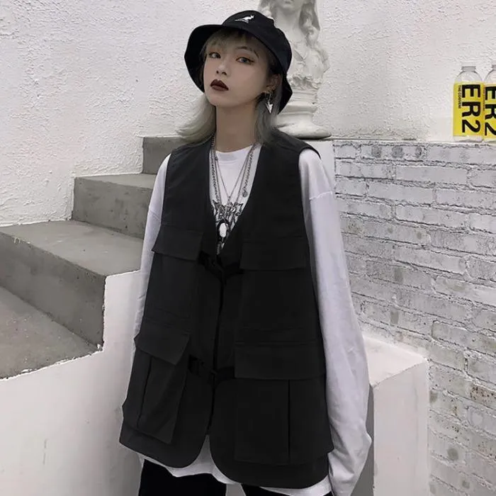 Dark Gray Grunge Style Tooling Oversized Black Vest