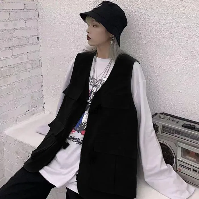 Dark Gray Grunge Style Tooling Oversized Black Vest