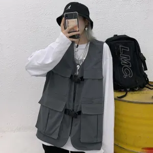 Dark Gray Grunge Style Tooling Oversized Black Vest