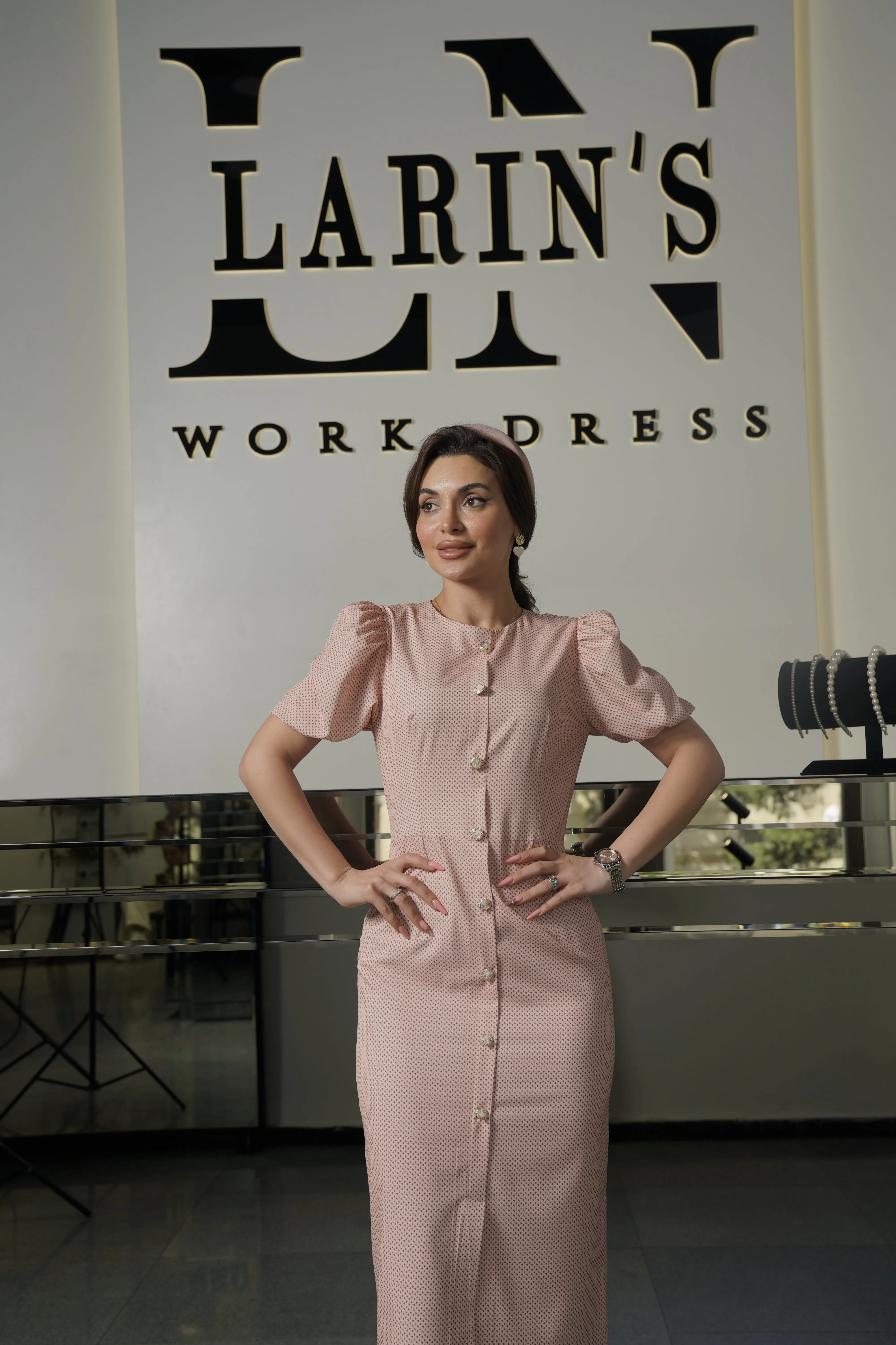 Elegant Polka Dot Work Dress with Front Slit and Back Zipper