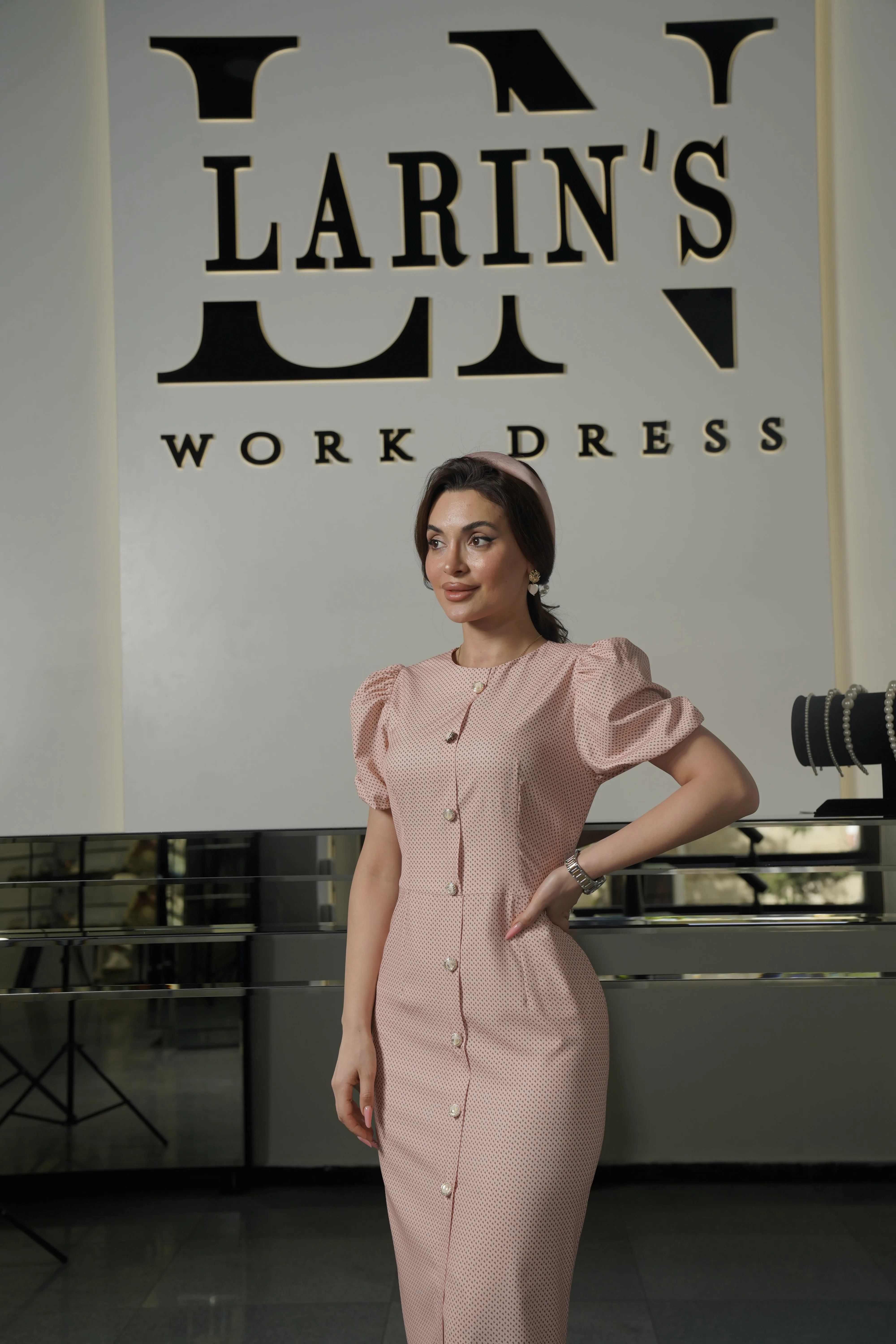 Elegant Polka Dot Work Dress with Front Slit and Back Zipper