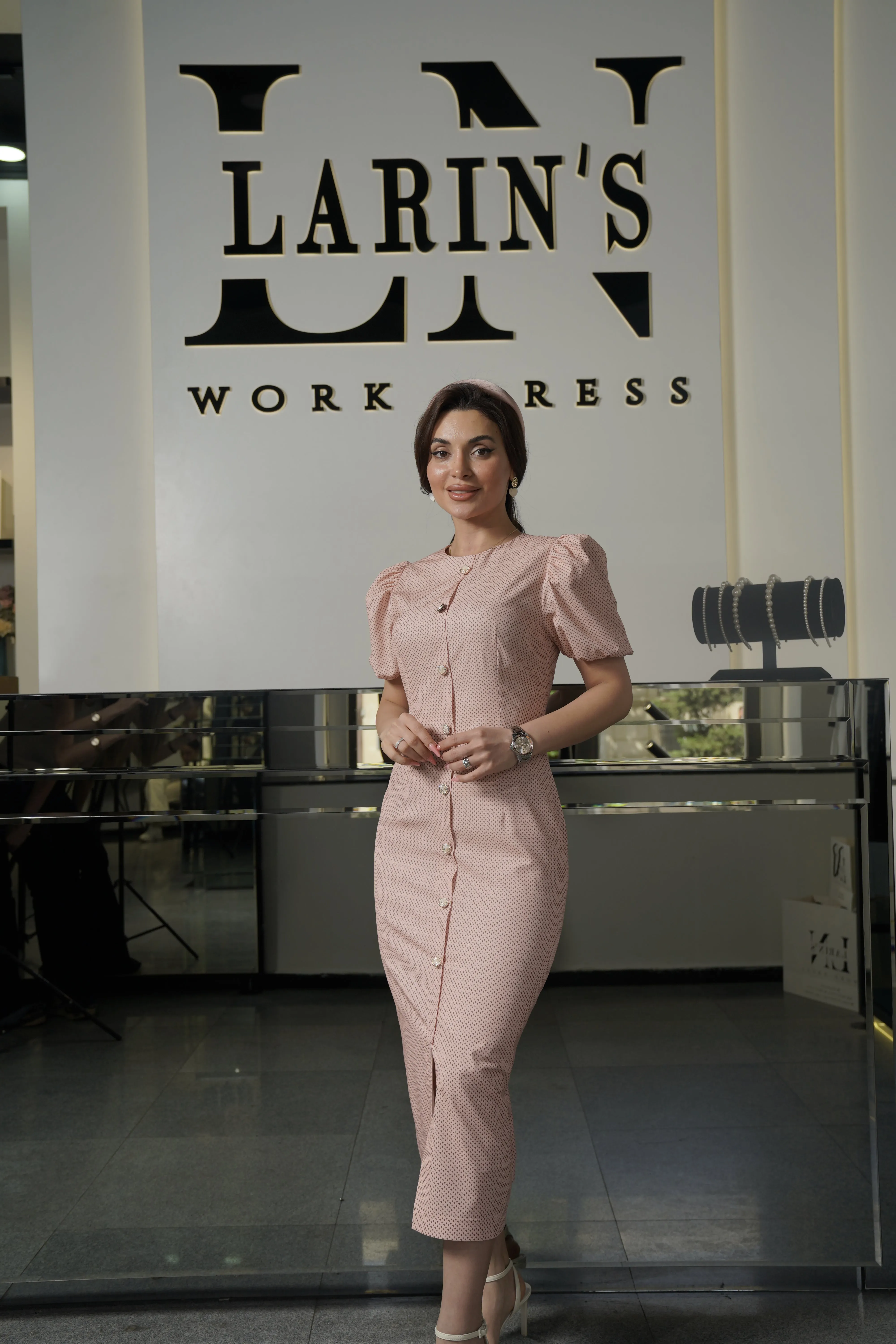 Elegant Polka Dot Work Dress with Front Slit and Back Zipper