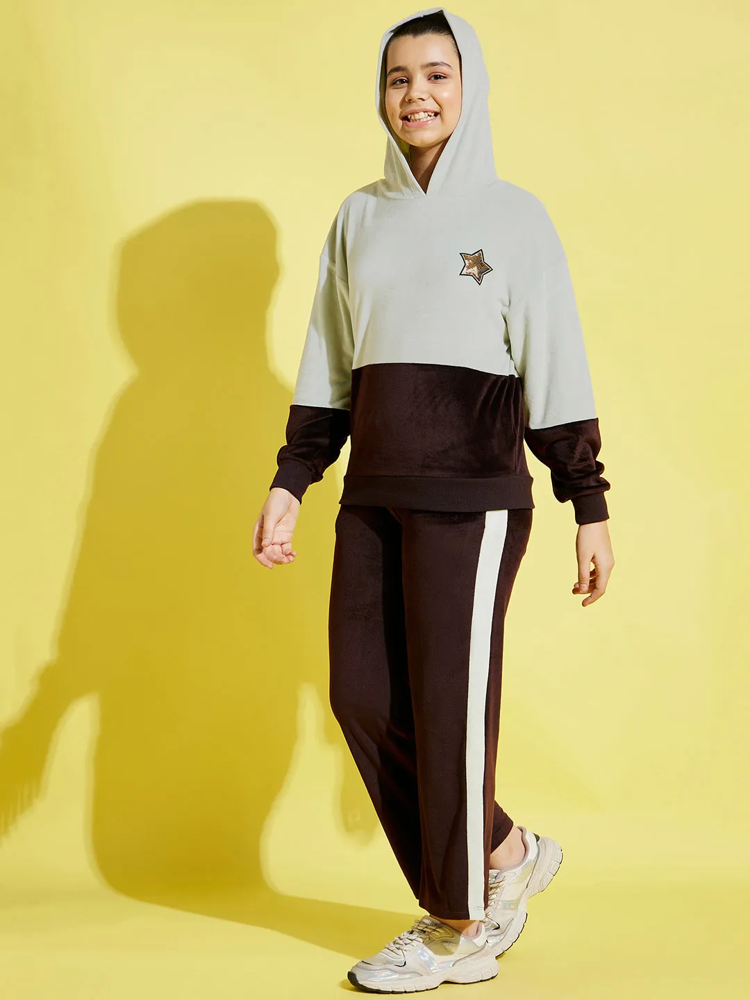 Girls Sea Green & Brown Velour Colorblock Hoodie With Track Pants