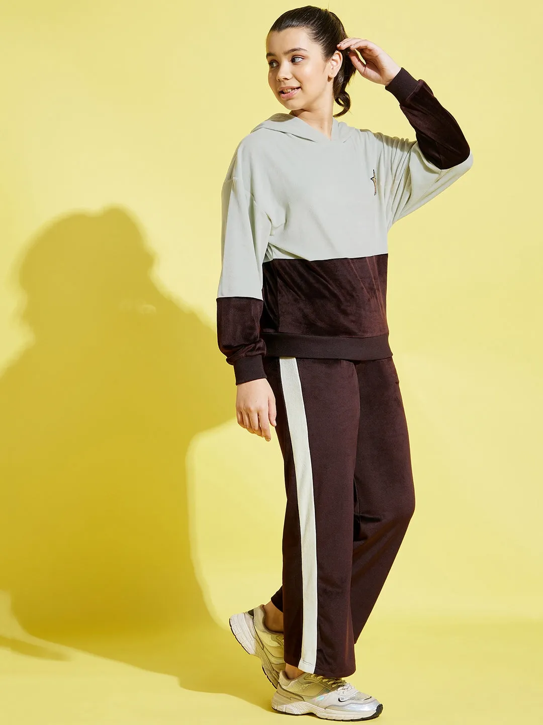 Girls Sea Green & Brown Velour Colorblock Hoodie With Track Pants