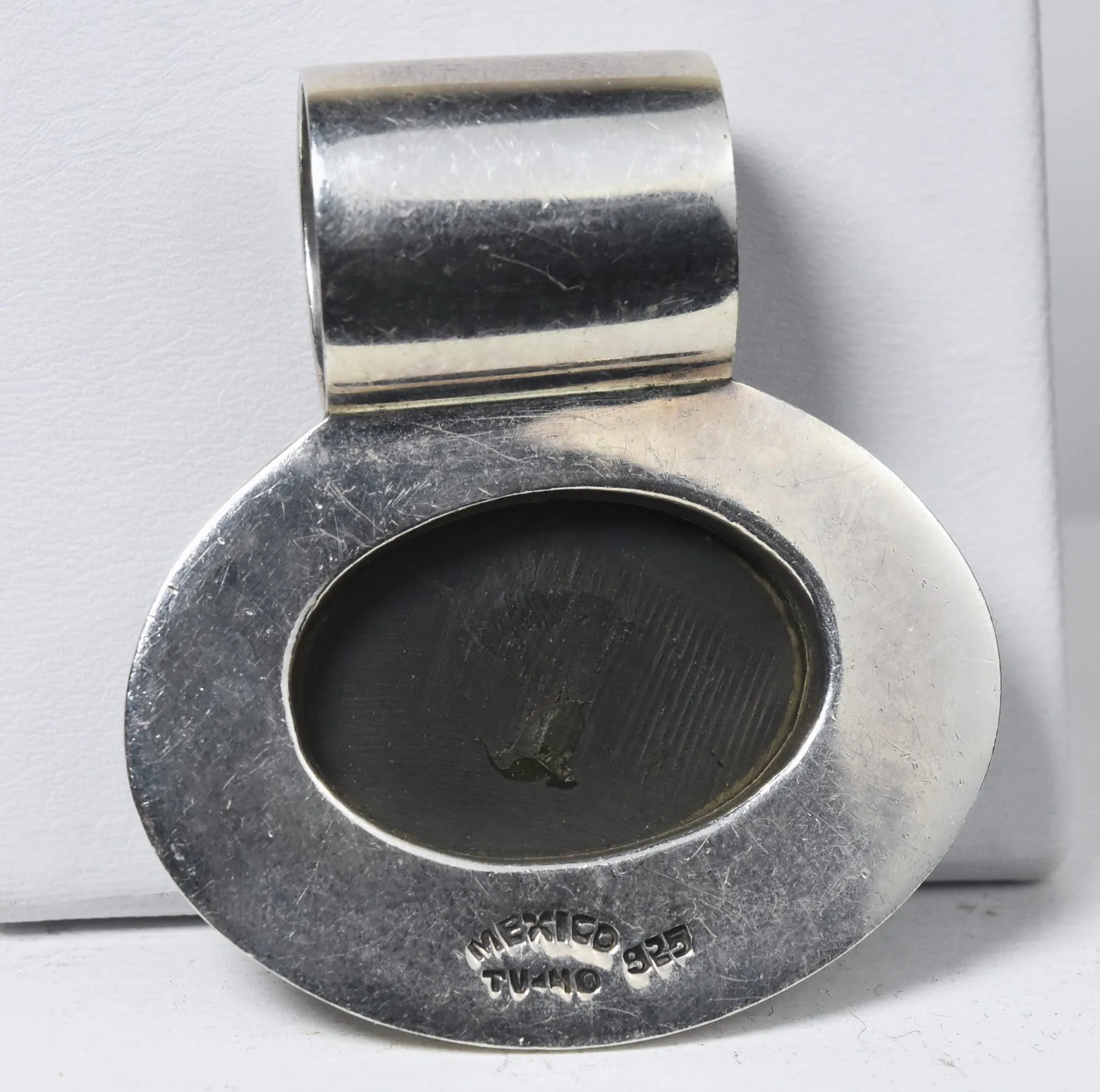Heavy Sterling Silver Dark Gray Onyx Cabochon Mexican Pendant