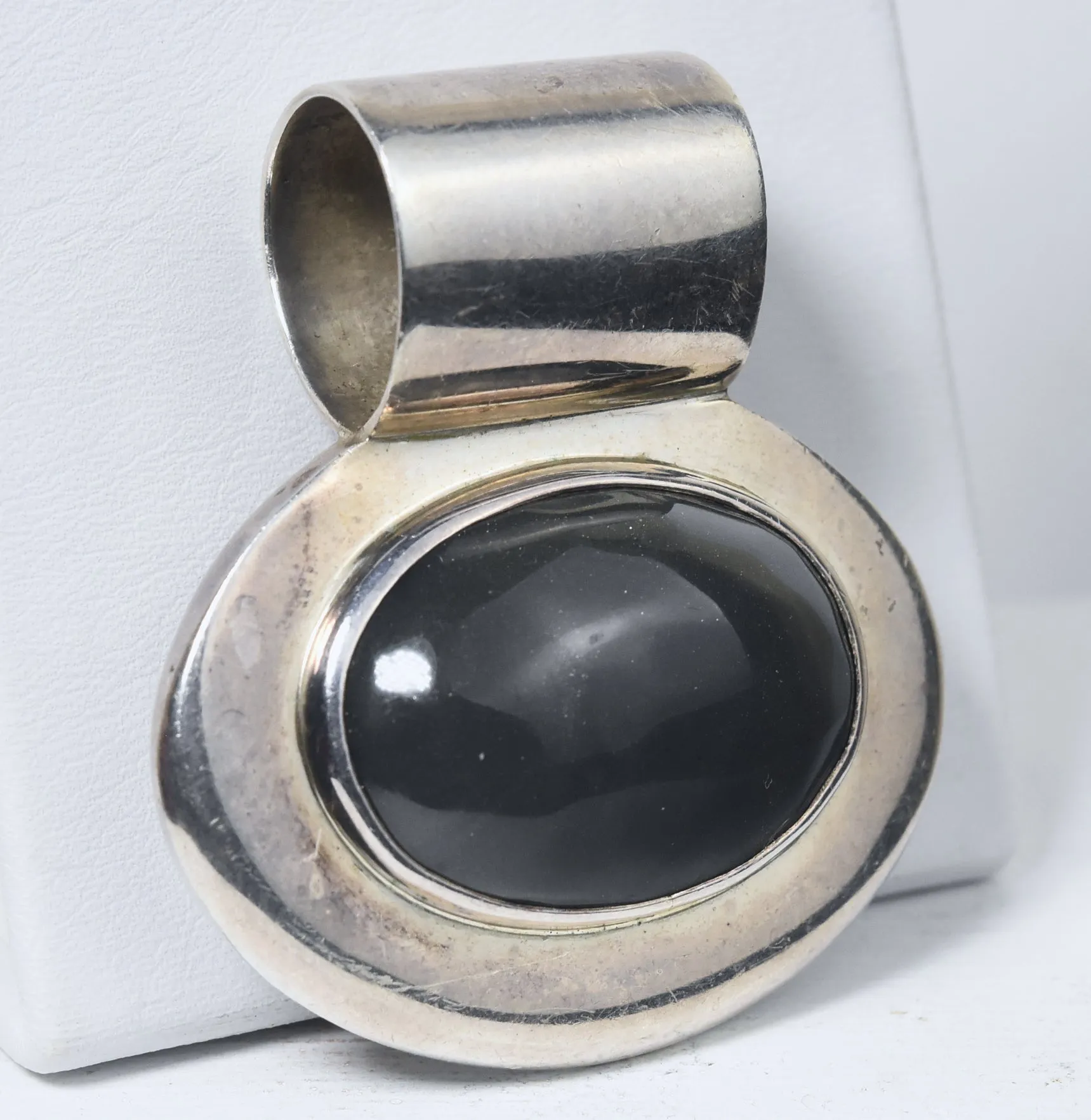 Heavy Sterling Silver Dark Gray Onyx Cabochon Mexican Pendant